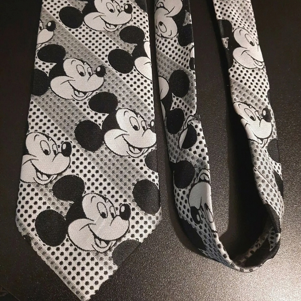 Disney, Tie, Mickey Mouse, Vintage, Black, White, Grey, Authentic, Made in USA